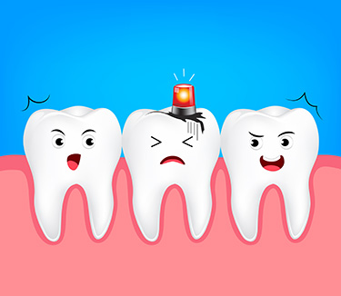 The image features four anthropomorphized teeth with cartoon-like expressions, standing upright against a pink background.
